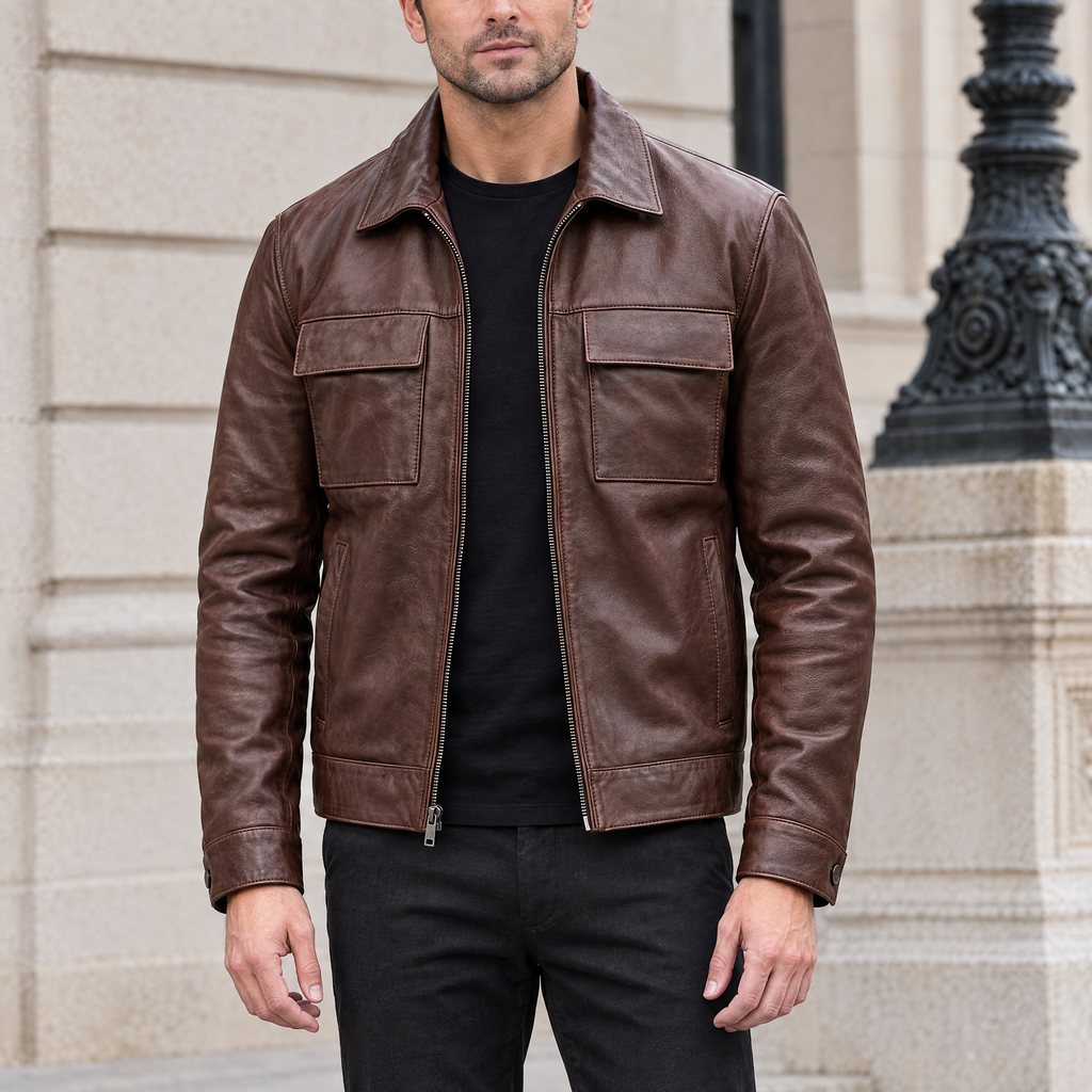 Men's Emerson Leather Zip Shirt Jacket — Brown — hero