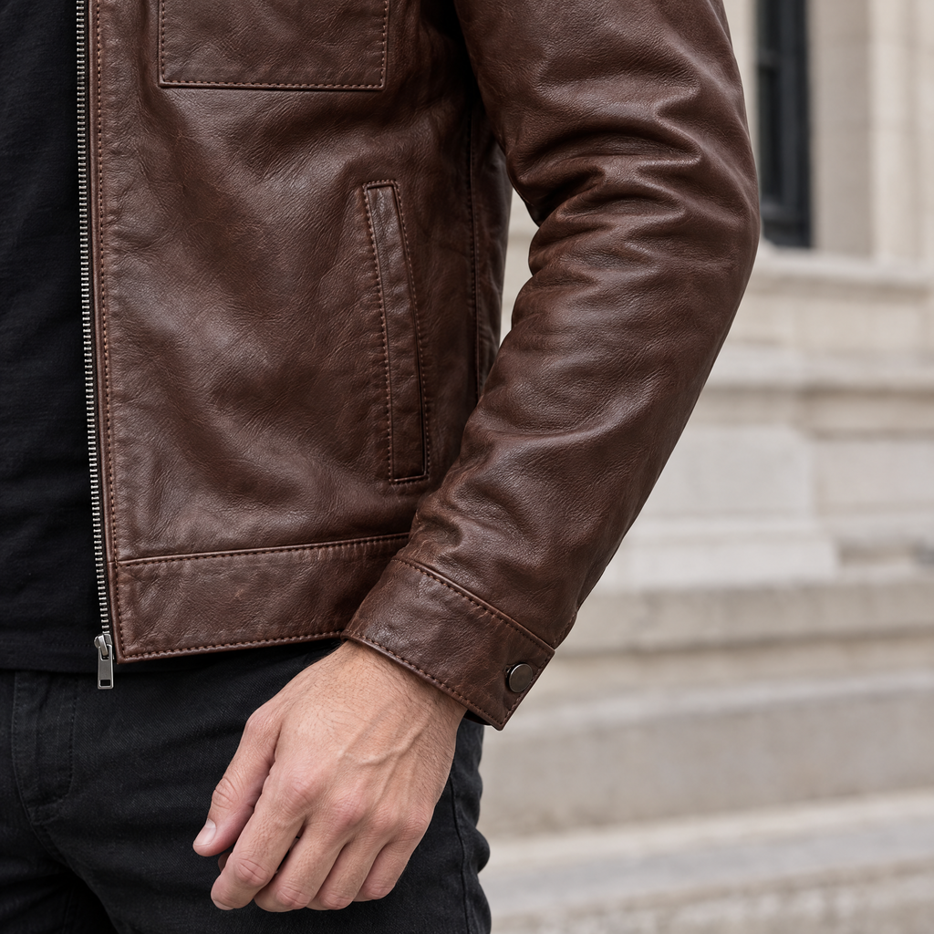 Men's Emerson Leather Zip Shirt Jacket — Brown — sleeve-detail