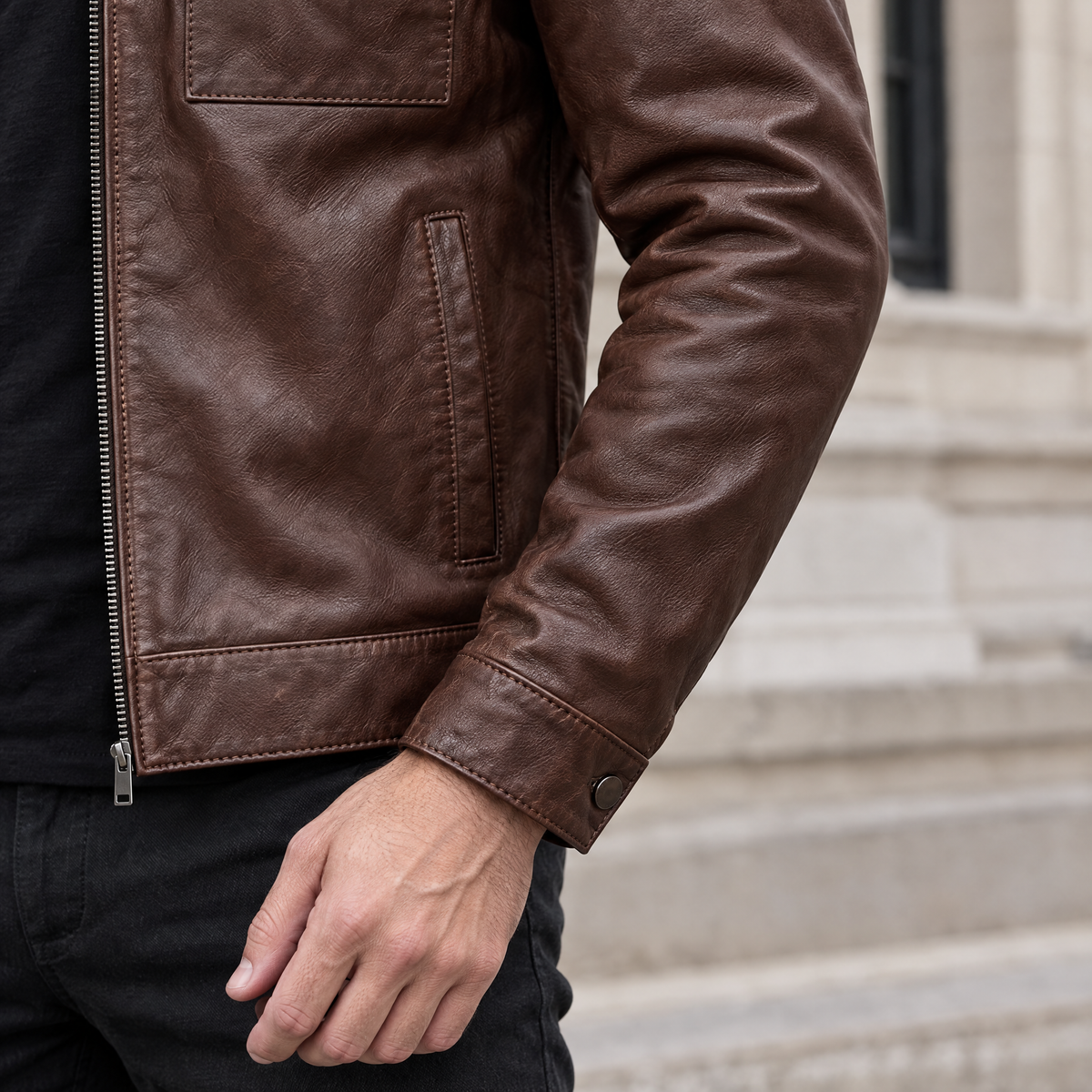 Men's Emerson Leather Zip Shirt Jacket — Brown — sleeve-detail