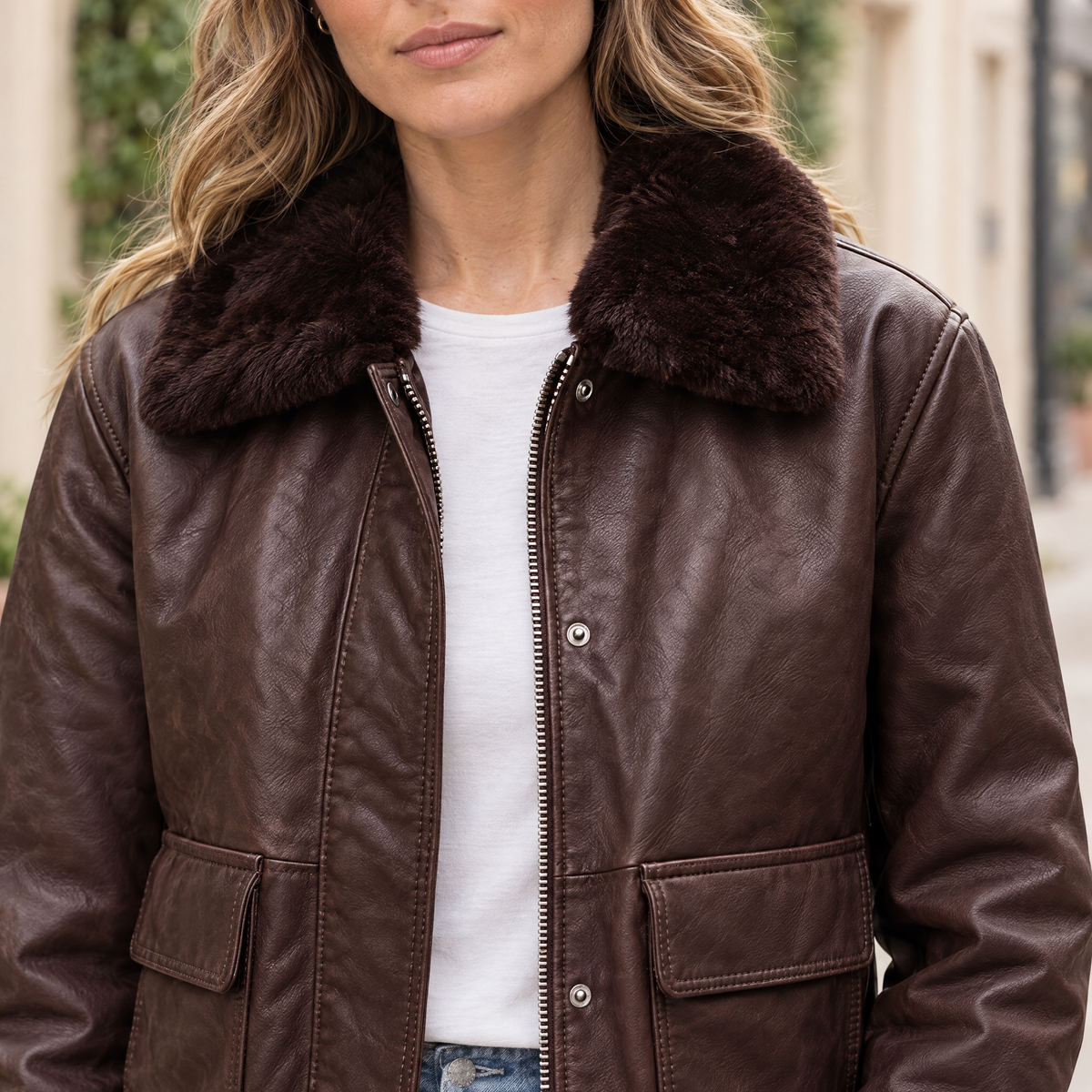 Women's Everleigh Faux Fur Lined Bomber Jacket — Wine — chest-detail