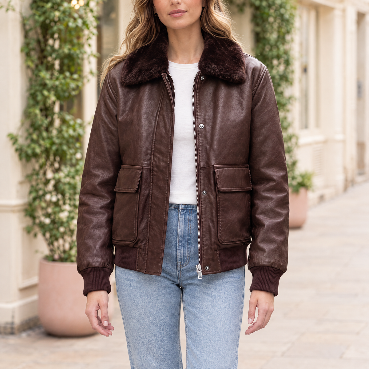 Women's Everleigh Faux Fur Lined Bomber Jacket — Wine — hero