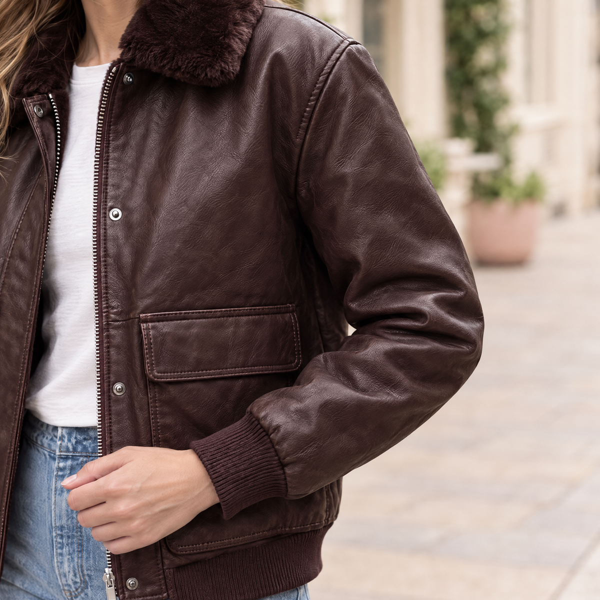 Women's Everleigh Faux Fur Lined Bomber Jacket — Wine — sleeve-detail