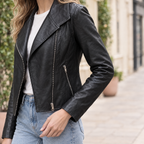 Women's Felix Leather Moto Jacket — Black — sleeve-detail
