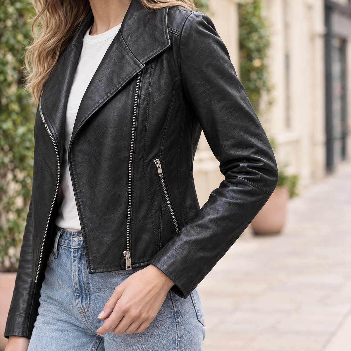 Women's Felix Leather Moto Jacket — Black — sleeve-detail