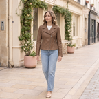 Women's Felix Leather Moto Jacket — Sepia — full-body-front