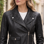 Women's Frankie Leather Moto Jacket — Black — chest-detail