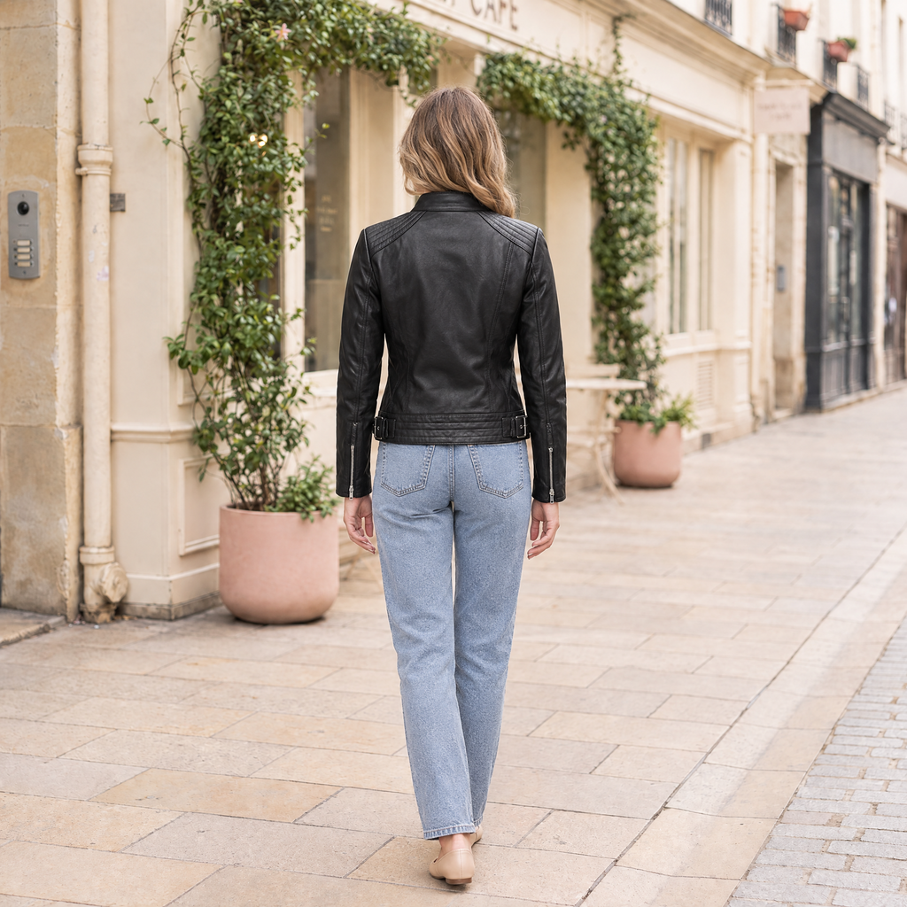 Women's Frankie Leather Moto Jacket — Black — full-body-back