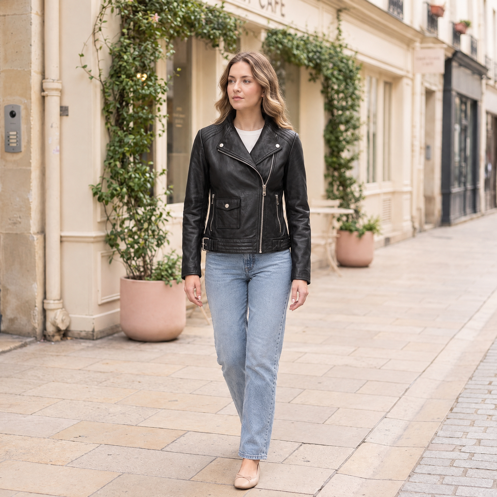 Women's Frankie Leather Moto Jacket — Black — full-body-front