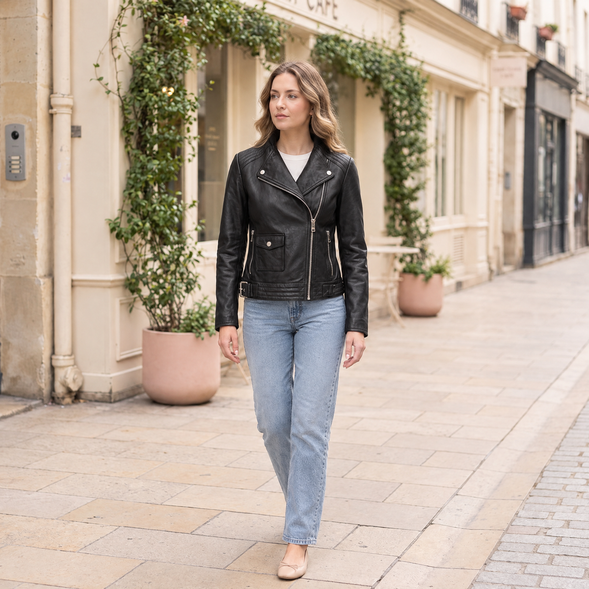 Women's Frankie Leather Moto Jacket — Black — full-body-front