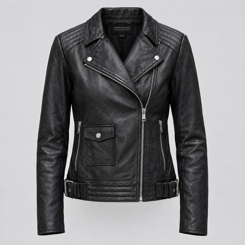 Women's Frankie Leather Moto Jacket — Black — product-front
