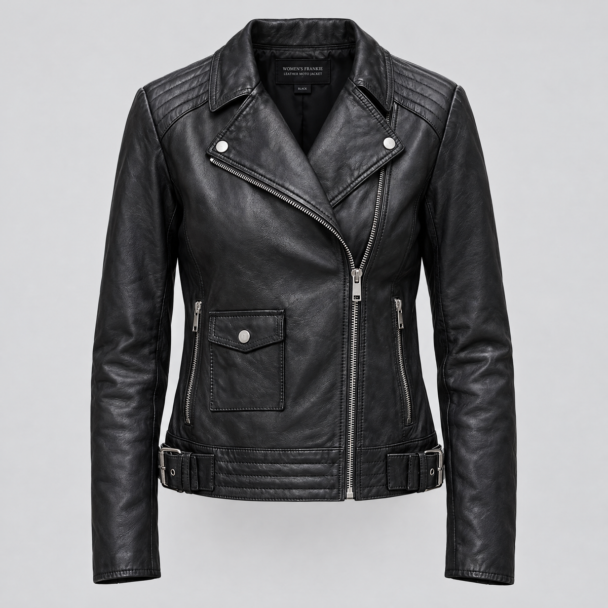 Women's Frankie Leather Moto Jacket — Black — product-front
