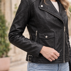 Women's Frankie Leather Moto Jacket — Black — sleeve-detail
