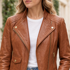 Women's Frankie Leather Moto Jacket — Oak — chest-detail