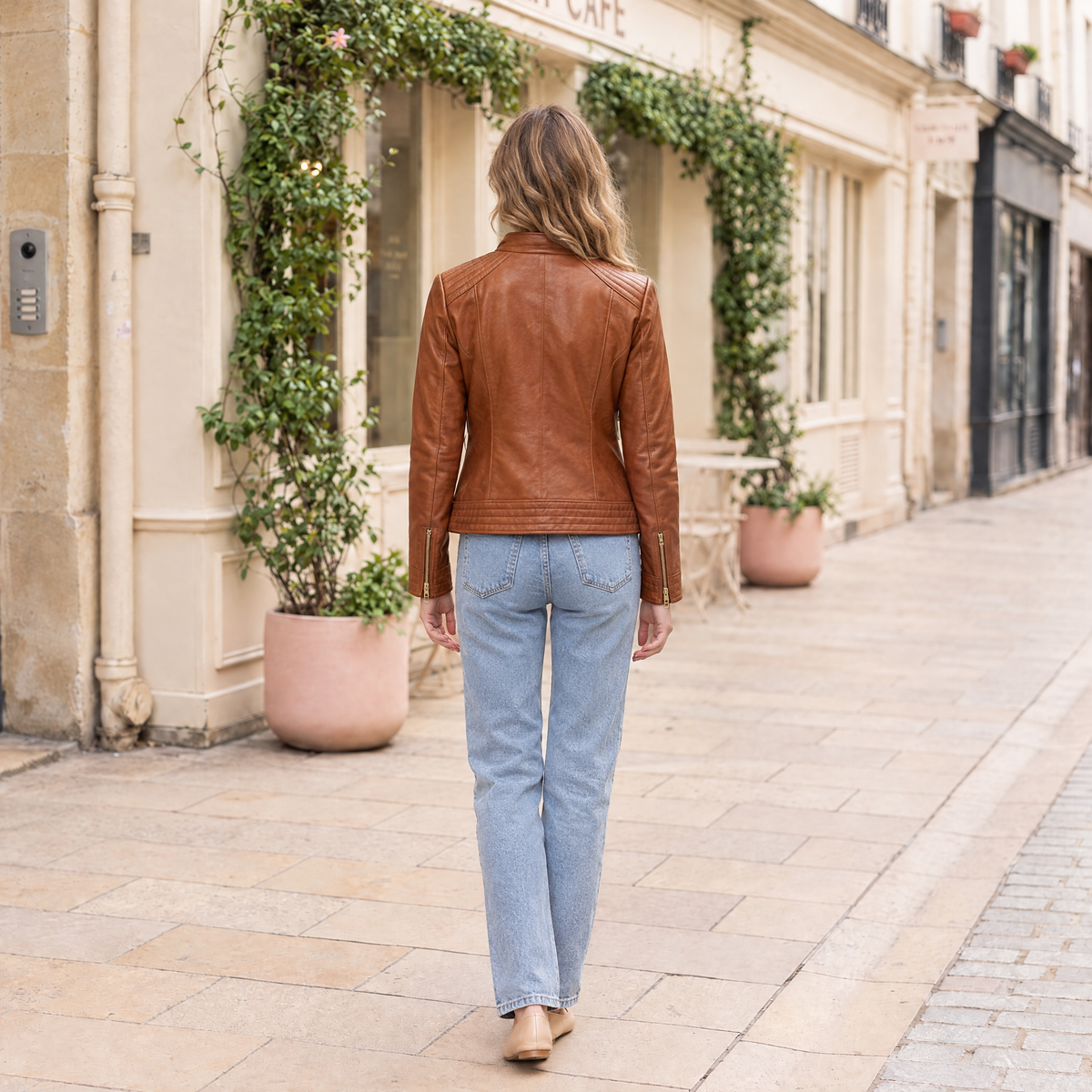Women's Frankie Leather Moto Jacket — Oak — full-body-back