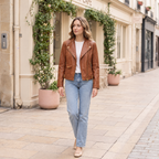 Women's Frankie Leather Moto Jacket — Oak — full-body-front
