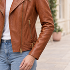 Women's Frankie Leather Moto Jacket — Oak — sleeve-detail