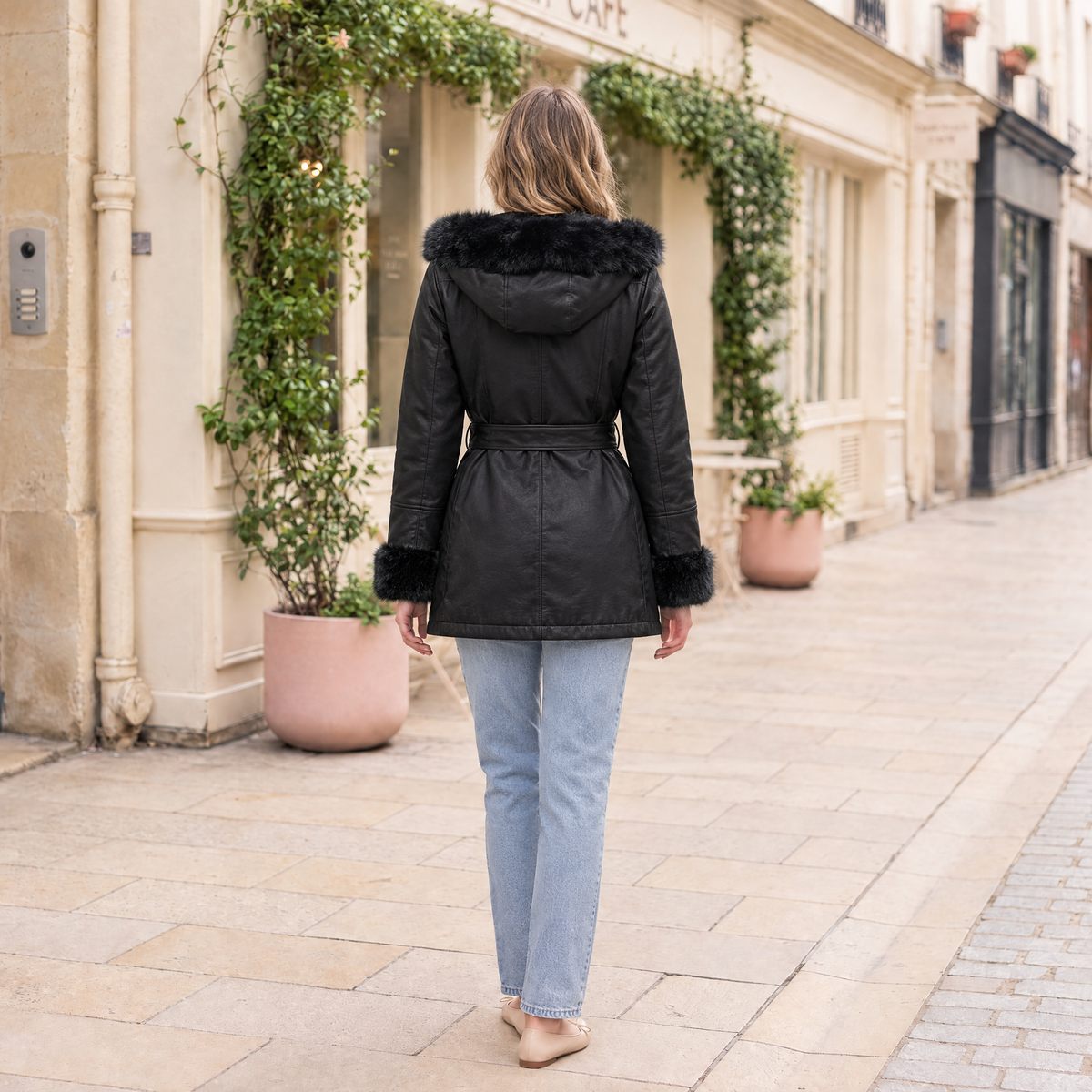 Women's Genevieve Belted Trench Jacket — Black — full-body-back