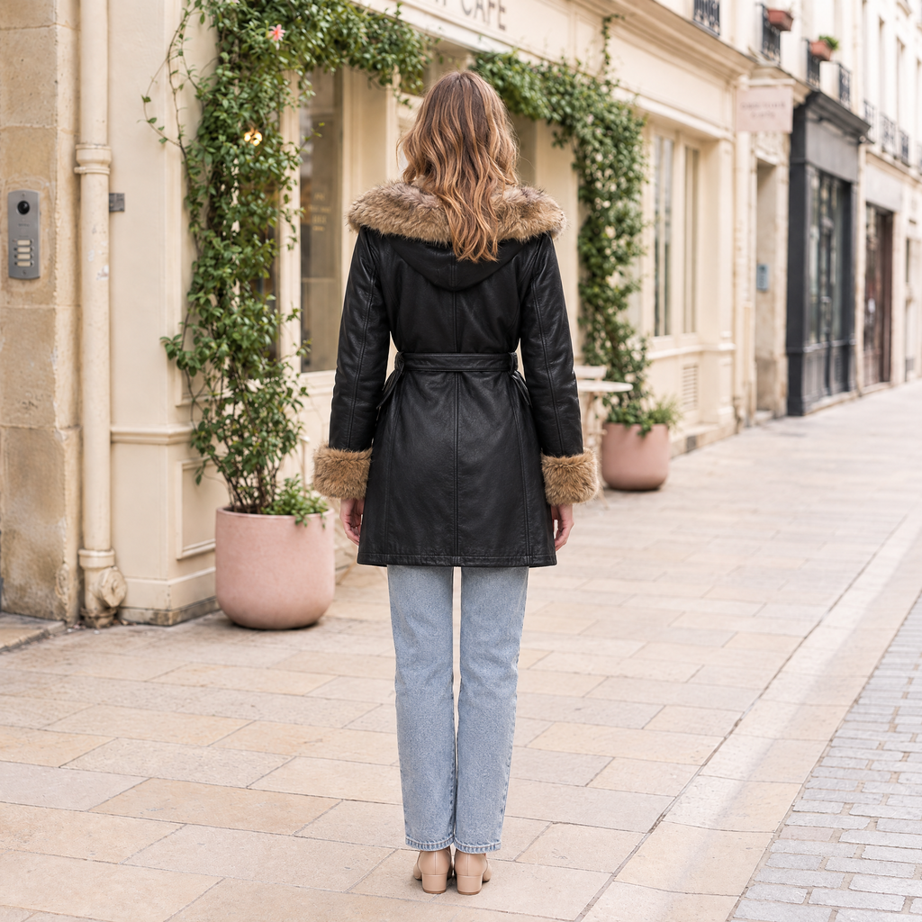 Women's Genevieve Belted Trench Jacket — Black Multi — full-body-back