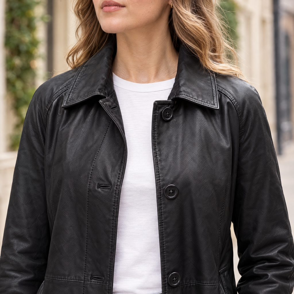 Women's Iris Lightweight Short Trench Coat — Black — chest-detail