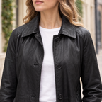 Women's Iris Lightweight Short Trench Coat — Black — chest-detail