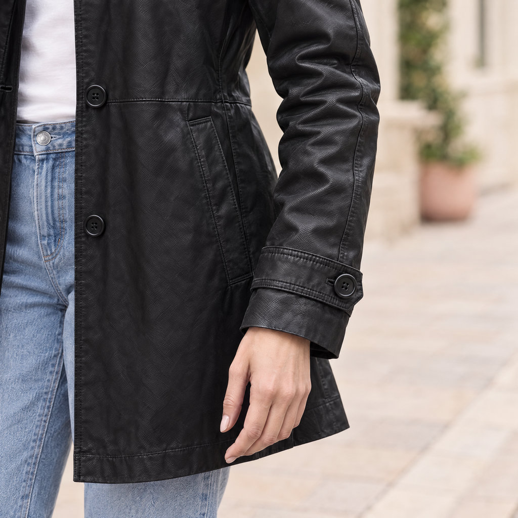 Women's Iris Lightweight Short Trench Coat — Black — sleeve-detail
