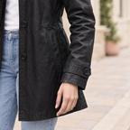 Women's Iris Lightweight Short Trench Coat — Black — sleeve-detail