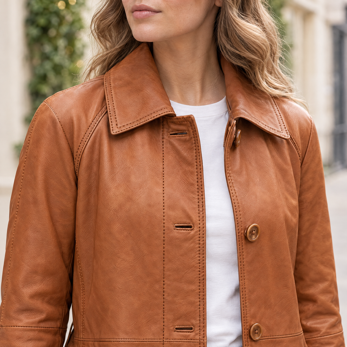 Women's Iris Lightweight Short Trench Coat — Saddle — chest-detail