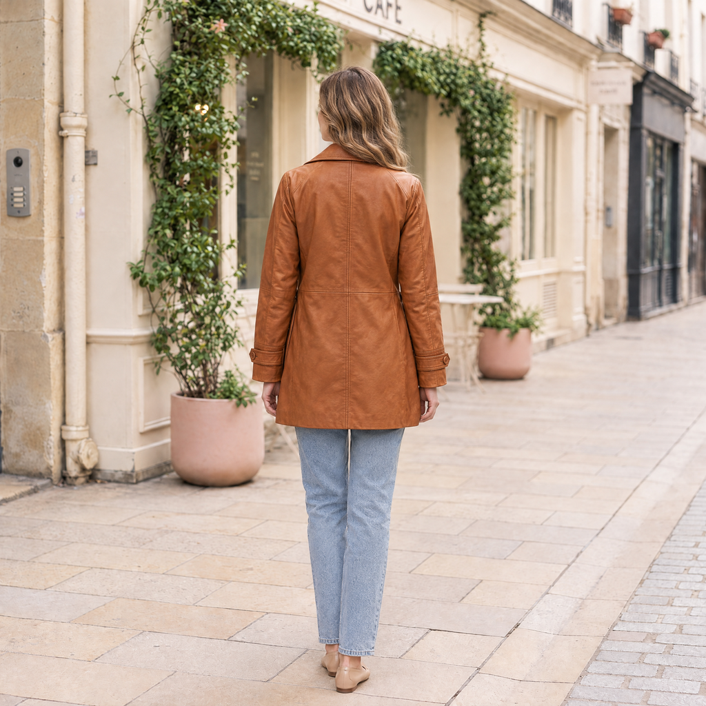 Women's Iris Lightweight Short Trench Coat — Saddle — full-body-back