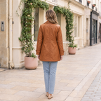 Women's Iris Lightweight Short Trench Coat — Saddle — full-body-back