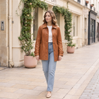 Women's Iris Lightweight Short Trench Coat — Saddle — full-body-front