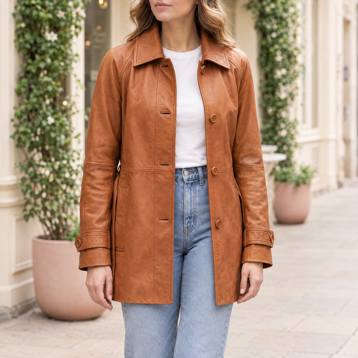 Women's Iris Lightweight Short Trench Coat — Saddle — hero