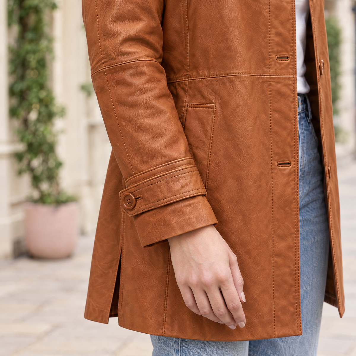 Women's Iris Lightweight Short Trench Coat — Saddle — sleeve-detail