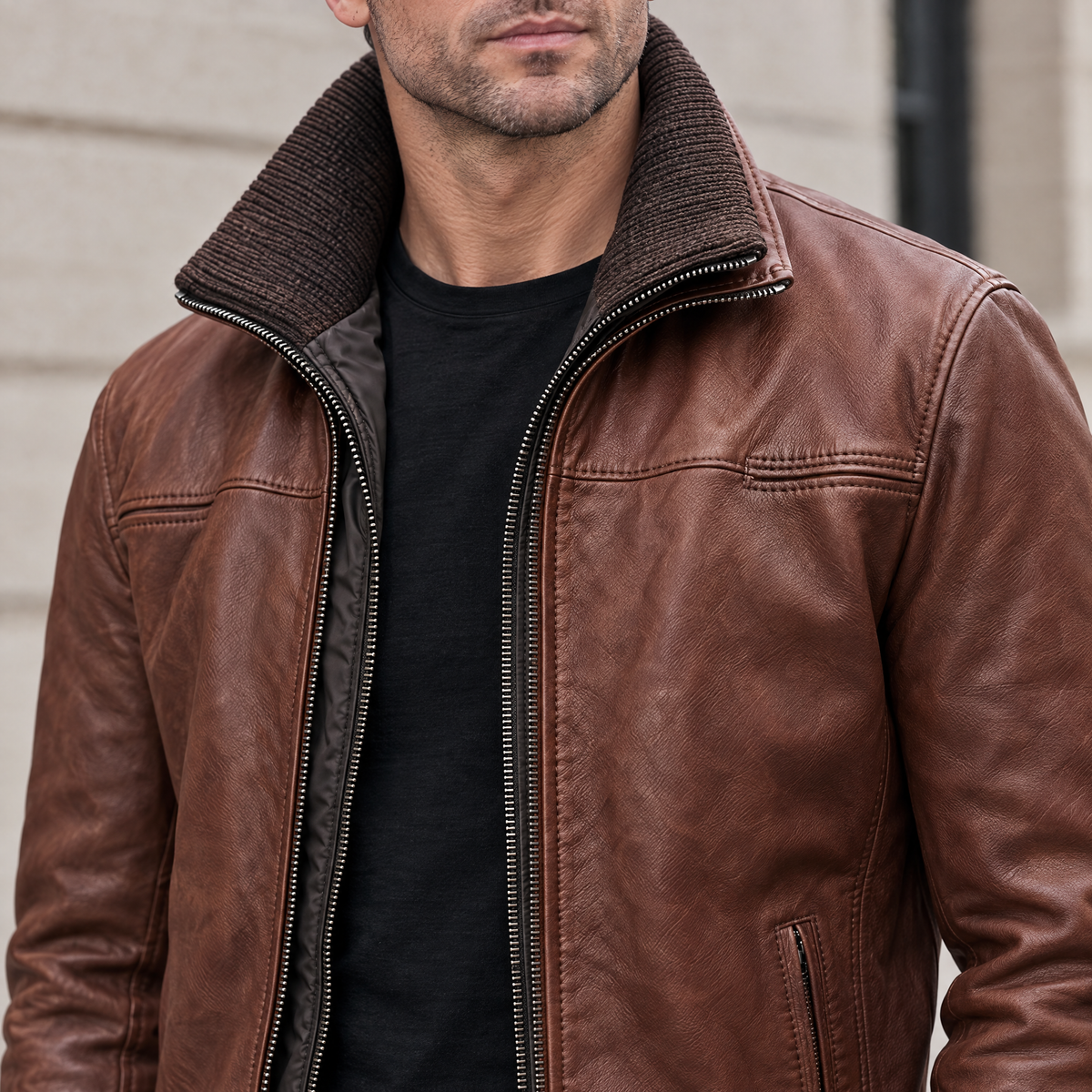 Men's Jett Leather Jacket with Removable Hood — Brown — chest-detail