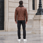 Men's Jett Leather Jacket with Removable Hood — Brown — full-body-back