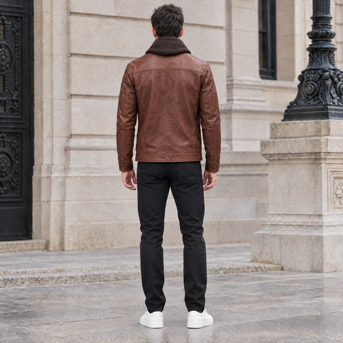Men's Jett Leather Jacket with Removable Hood — Brown — full-body-back