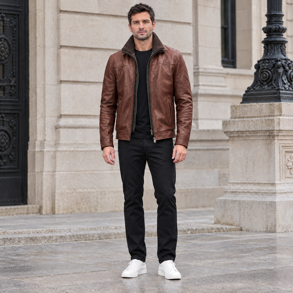 Men's Jett Leather Jacket with Removable Hood — Brown — full-body-front