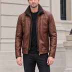 Men's Jett Leather Jacket with Removable Hood — Brown — hero