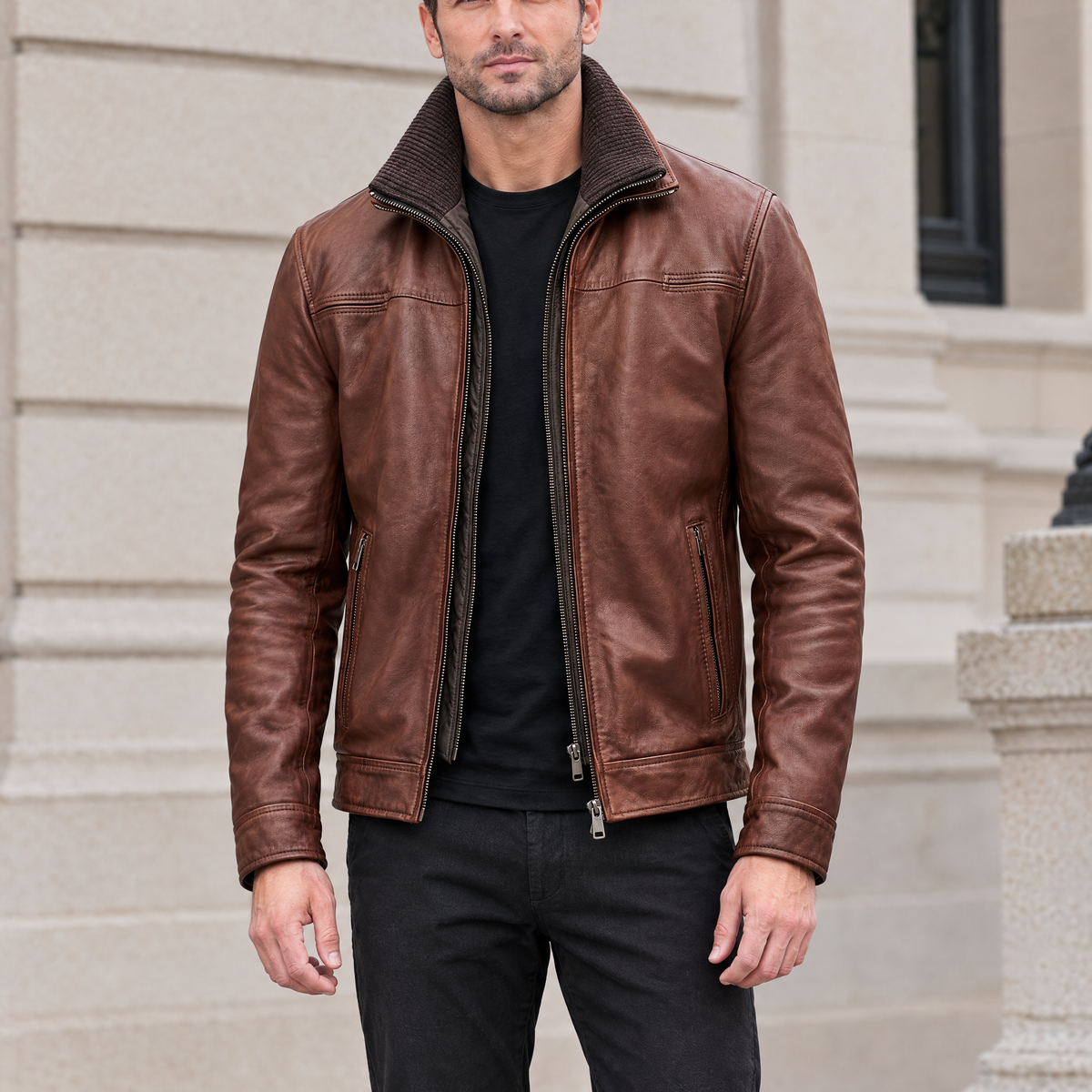 Men's Jett Leather Jacket with Removable Hood — Brown — hero