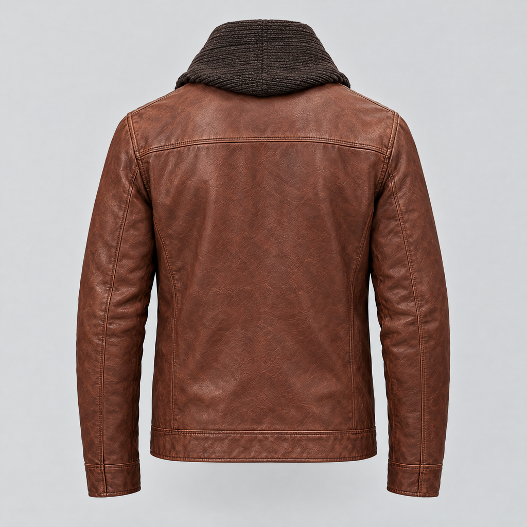 Men's Jett Leather Jacket with Removable Hood — Brown — product-back