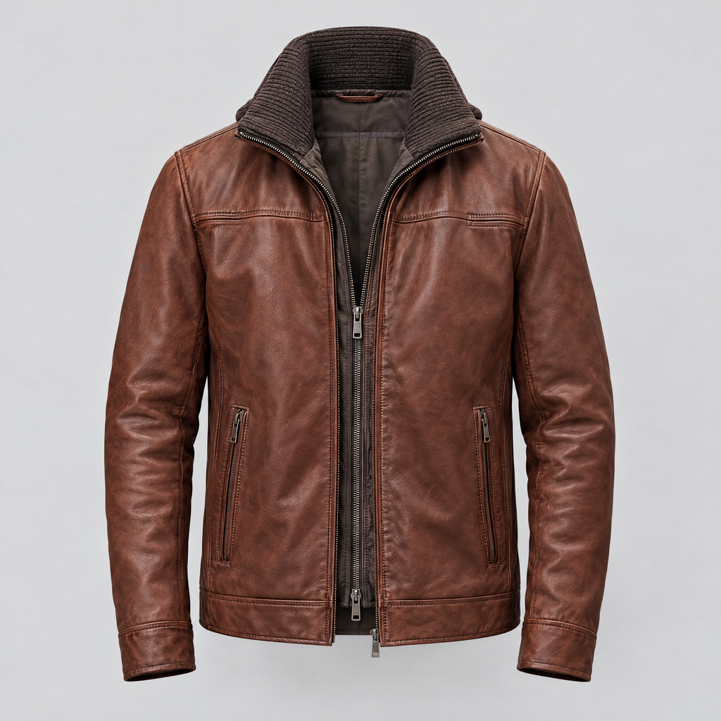 Men's Jett Leather Jacket with Removable Hood — Brown — product-front