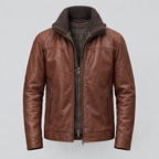 Men's Jett Leather Jacket with Removable Hood — Brown — product-front