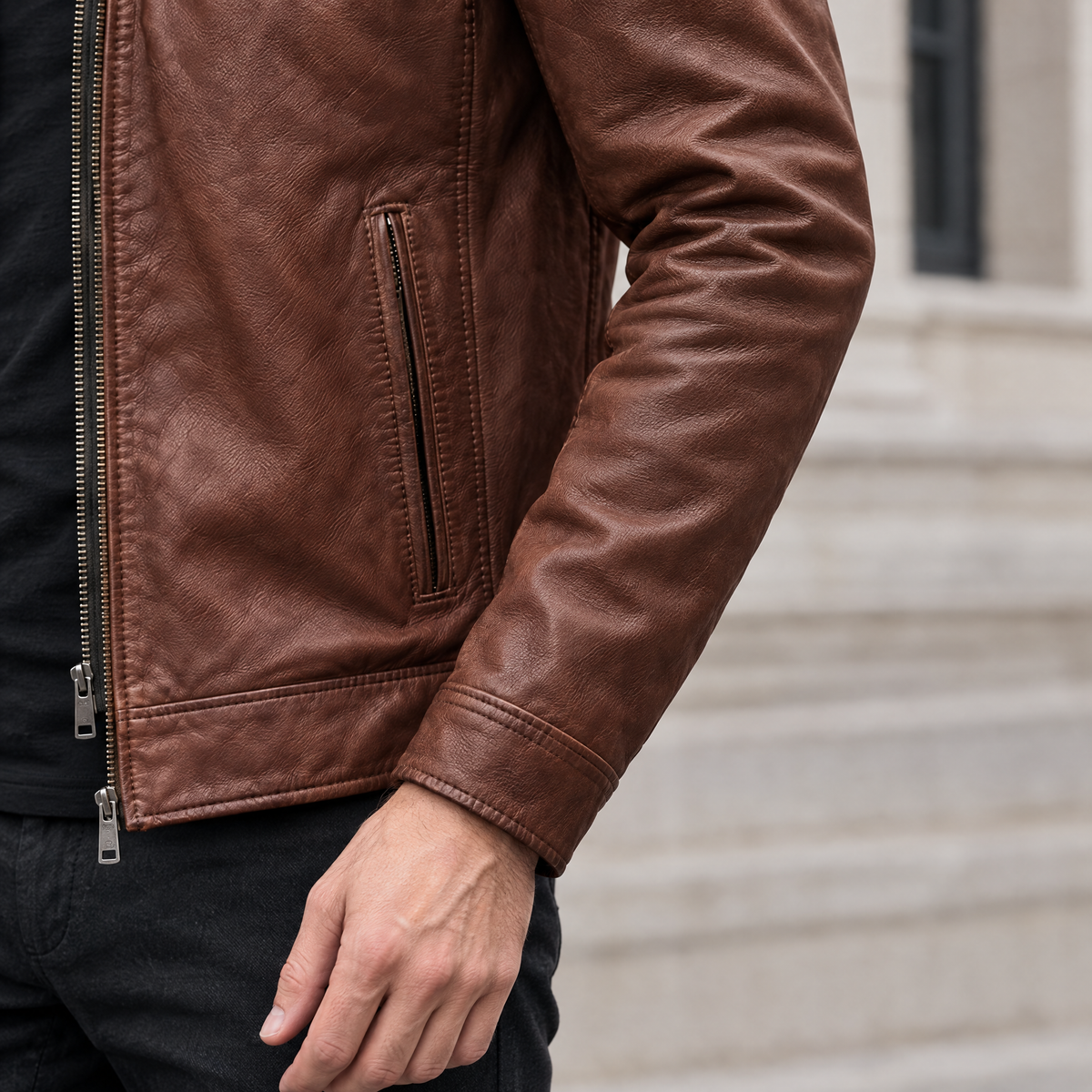 Men's Jett Leather Jacket with Removable Hood — Brown — sleeve-detail