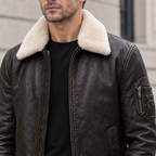Men's Jimmy Leather Aviator Bomber Jacket With Shearling Collar — Deep Brown — chest-detail
