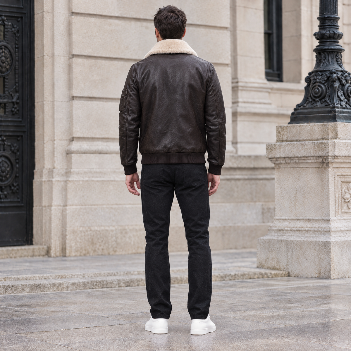 Men's Jimmy Leather Aviator Bomber Jacket With Shearling Collar — Deep Brown — full-body-back