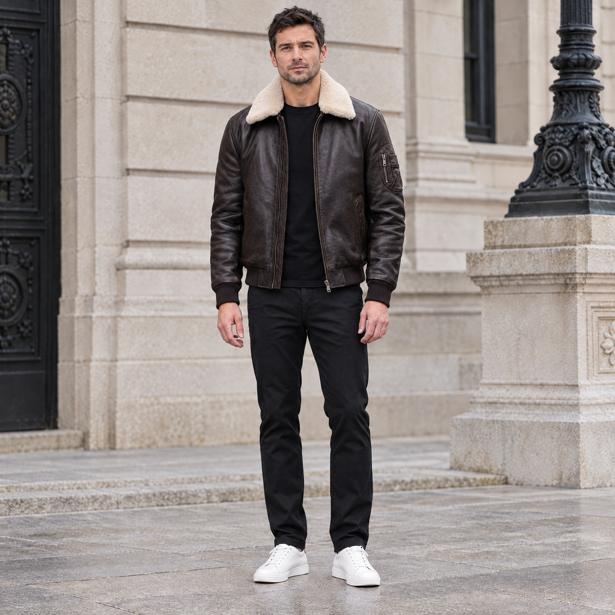 Men's Jimmy Leather Aviator Bomber Jacket With Shearling Collar — Deep Brown — full-body-front