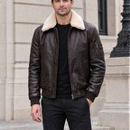 Men's Jimmy Leather Aviator Bomber Jacket With Shearling Collar — Deep Brown — hero