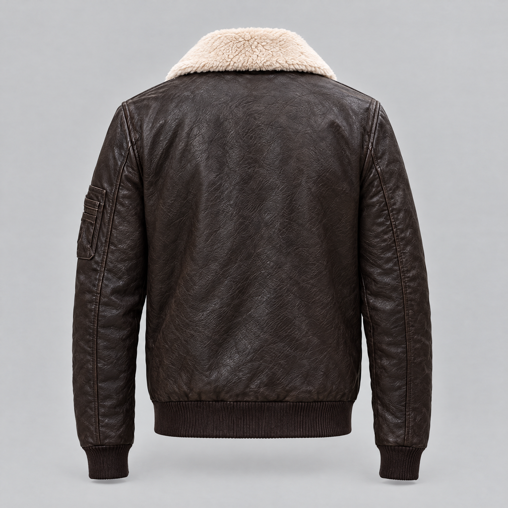 Men's Jimmy Leather Aviator Bomber Jacket With Shearling Collar — Deep Brown — product-back