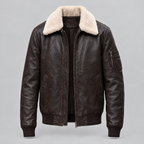 Men's Jimmy Leather Aviator Bomber Jacket With Shearling Collar — Deep Brown — product-front