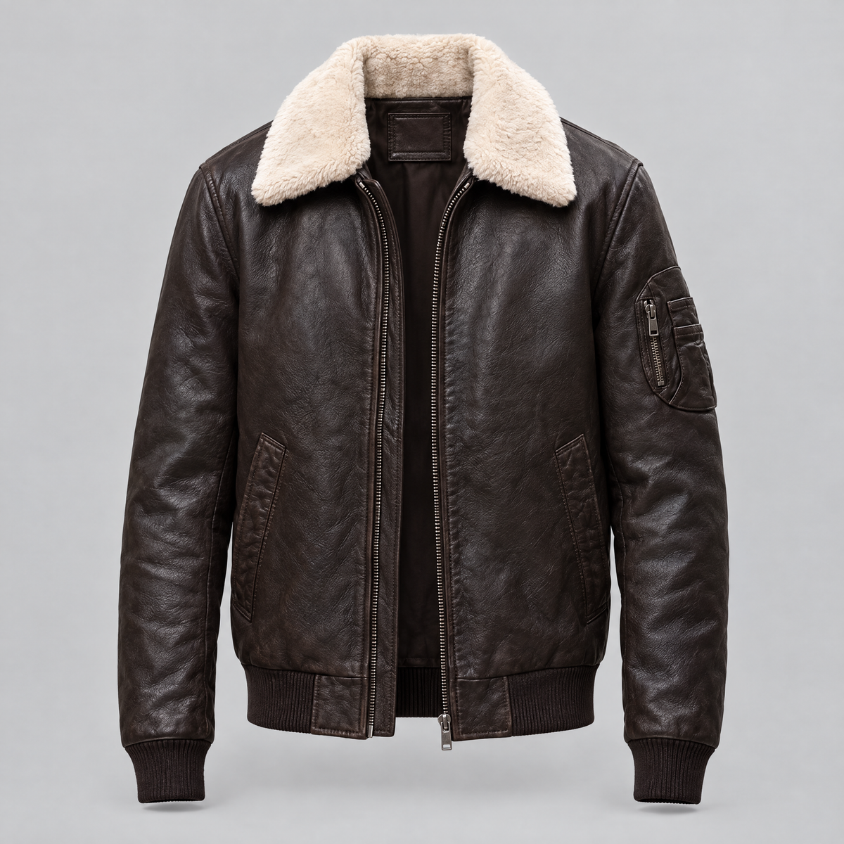 Men's Jimmy Leather Aviator Bomber Jacket With Shearling Collar — Deep Brown — product-front