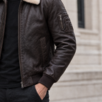 Men's Jimmy Leather Aviator Bomber Jacket With Shearling Collar — Deep Brown — sleeve-detail